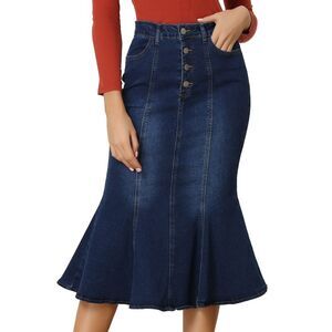 Fishtail Denim Skirt Slim Fit Midi Skirts Dark Blue